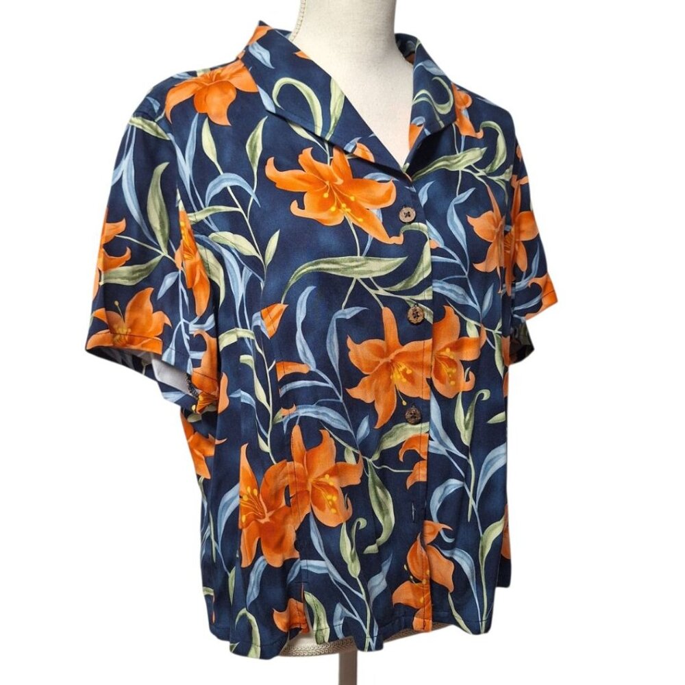 Jamaica‎ Bay Hawaiin Shirt Shoulder Pads Womens XL Tiger Lillys Floral Button Up